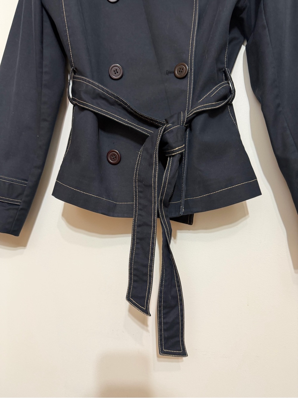 Josephine Chaus Navy Blue Belted Trench Jacket Size 16 Contrast Stitch - Picture 7 of 12
